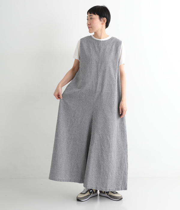 リネンコットン ワイドサロペットパンツ(B・ギンガム)