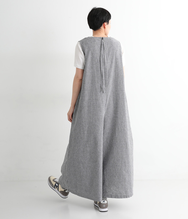 リネンコットン ワイドサロペットパンツ(B・ギンガム)