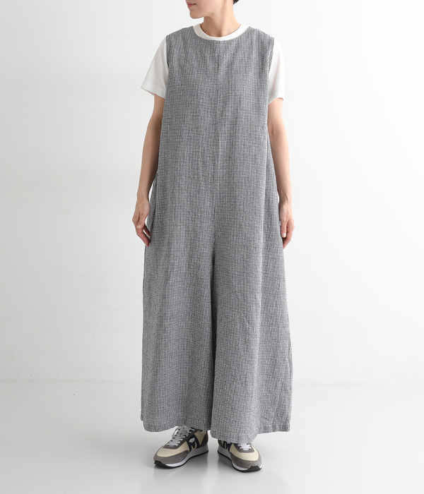 リネンコットン ワイドサロペットパンツ(B・ギンガム)
