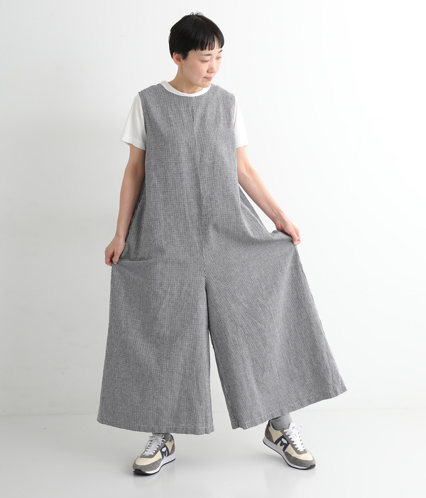 リネンコットン ワイドサロペットパンツ(B・ギンガム)