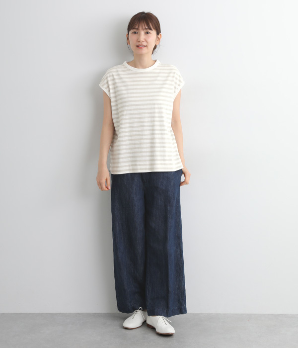 リサイクルコットンボーダー天竺ワイドフレンチスリーブTシャツ(A・オフホワイト×グレー)
