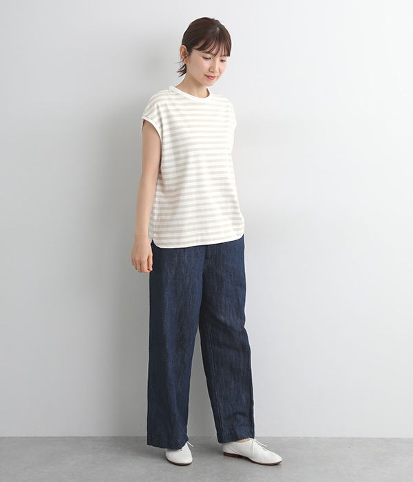 リサイクルコットンボーダー天竺ワイドフレンチスリーブTシャツ(A・オフホワイト×グレー)