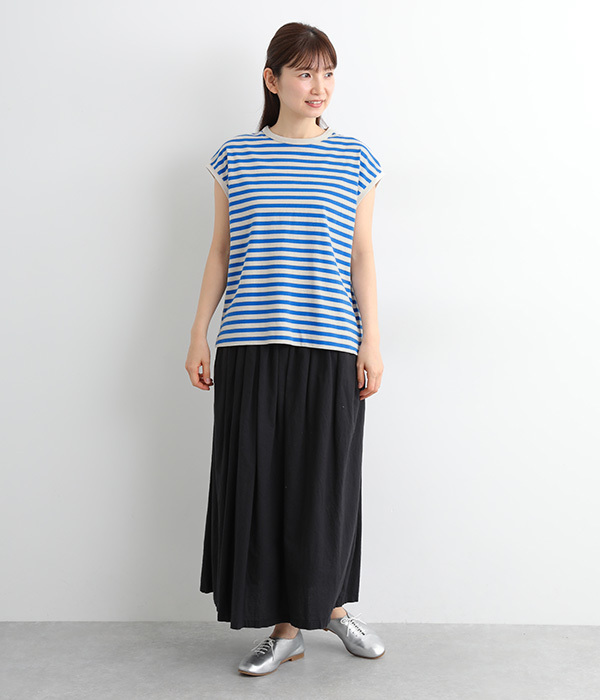 リサイクルコットンボーダー天竺ワイドフレンチスリーブTシャツ(A・オフホワイト×グレー)