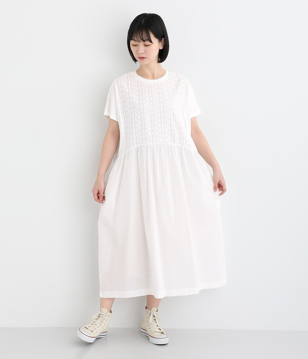 カットソー×布帛刺繍×コットンローン切替ギャザーワンピース(A・オフホワイト)