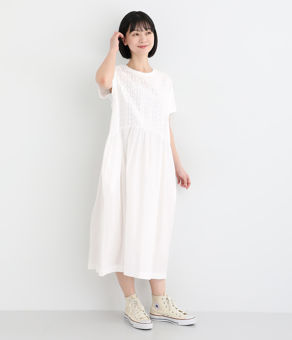 カットソー×布帛刺繍×コットンローン切替ギャザーワンピース(A・オフホワイト)