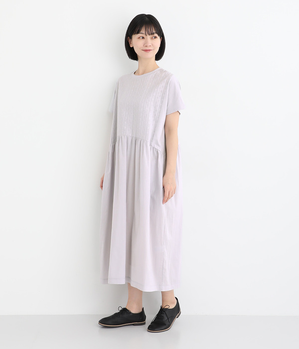カットソー×布帛刺繍×コットンローン切替ギャザーワンピース(A・オフホワイト)