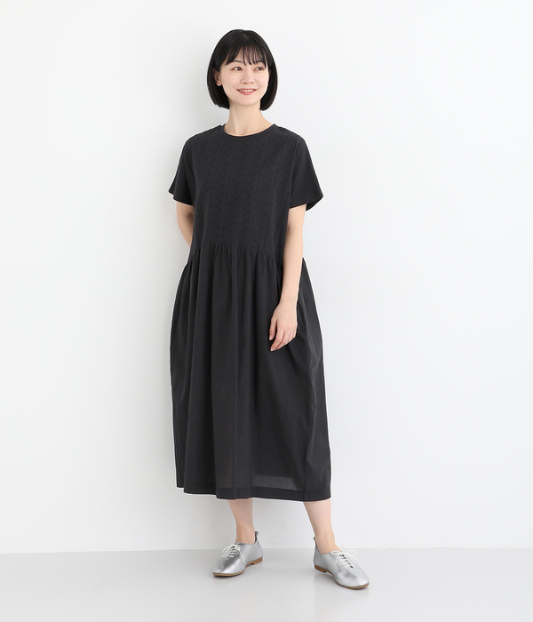 カットソー×布帛刺繍×コットンローン切替ギャザーワンピース(A・オフホワイト)