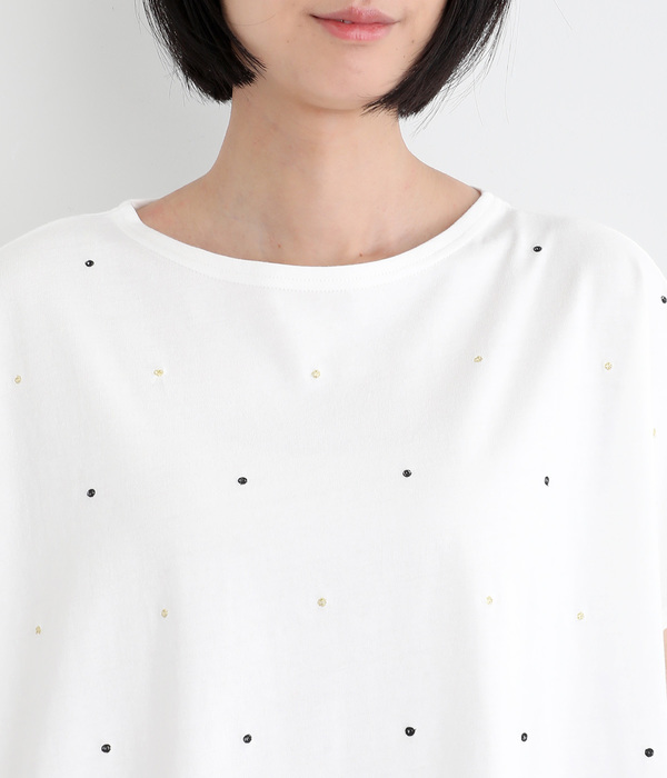部分ラメ刺繍フレンチスリーブワイドプルオーバー(A・オフ