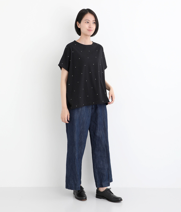 部分ラメ刺繍フレンチスリーブワイドプルオーバー(B・ブラック)