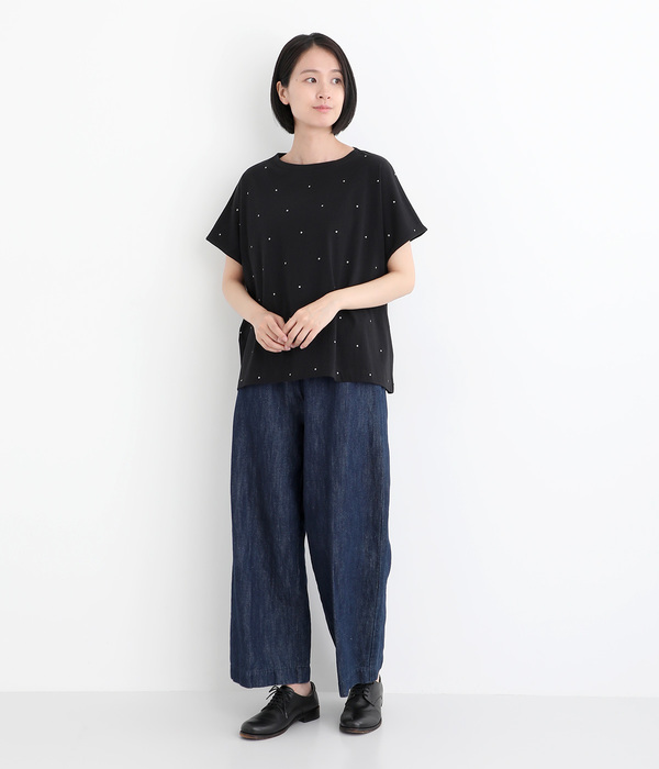 部分ラメ刺繍フレンチスリーブワイドプルオーバー(B・ブラック)