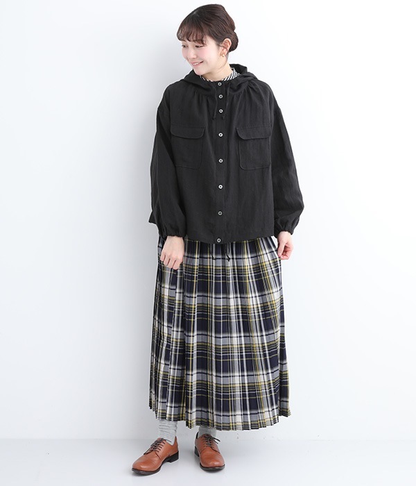平織リネンフーディシャツジャケット(B・ブラック)