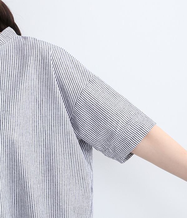 コットンリネン平織り裾紐ワイドプルオーバー(5分袖)(A・ストライプ)