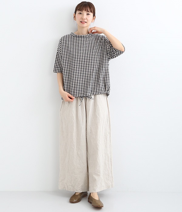 コットンリネン平織り裾紐ワイドプルオーバー(5分袖)(B・ギンガムチェック)
