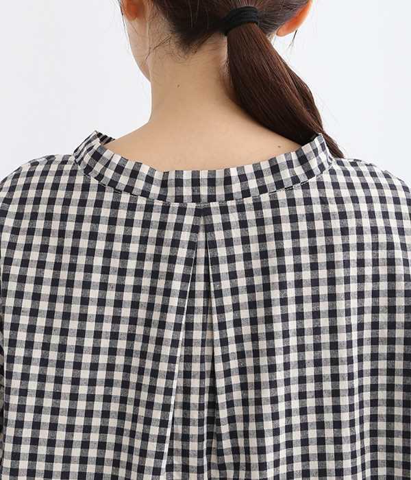 コットンリネン平織り裾紐ワイドプルオーバー(5分袖)(B・ギンガムチェック)