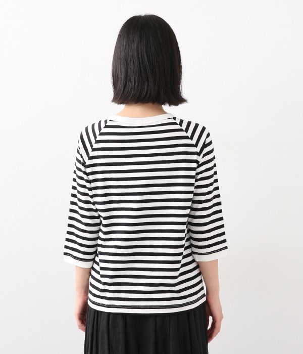 リサイクルコットン天竺ボーダーラグランTシャツ(7分袖)(A・オフホワイト×ブラック)