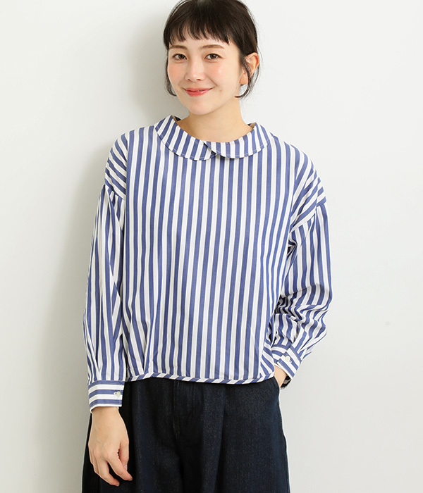 近江晒後重ね襟2WAYブラウス(D・ネイビーストライプ)【再入荷