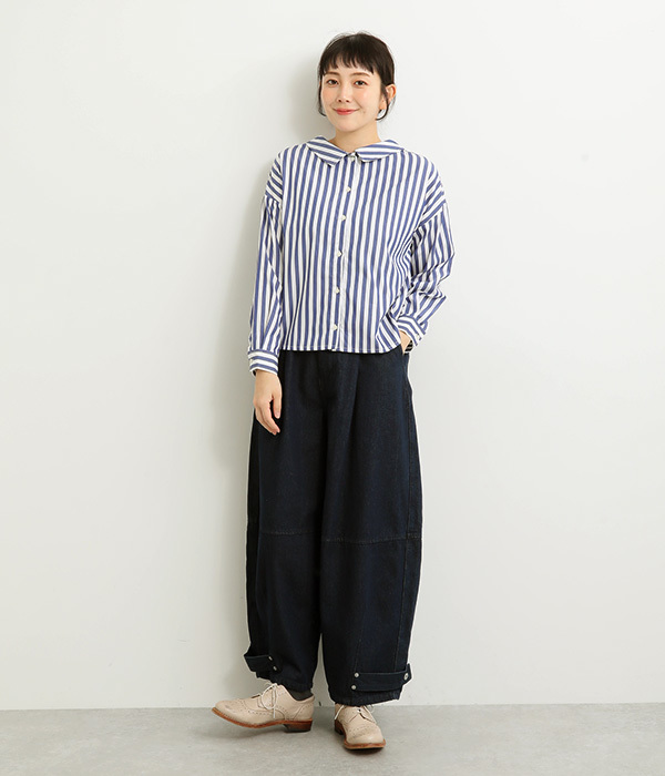 近江晒後重ね襟2WAYブラウス(D・ネイビーストライプ)【再入荷