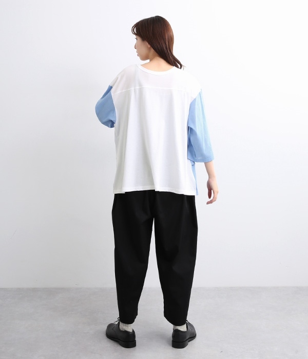 【toujours ensemble】7分袖両前重ねフレアーTシャツ(A・オフホワイト/ブルー)