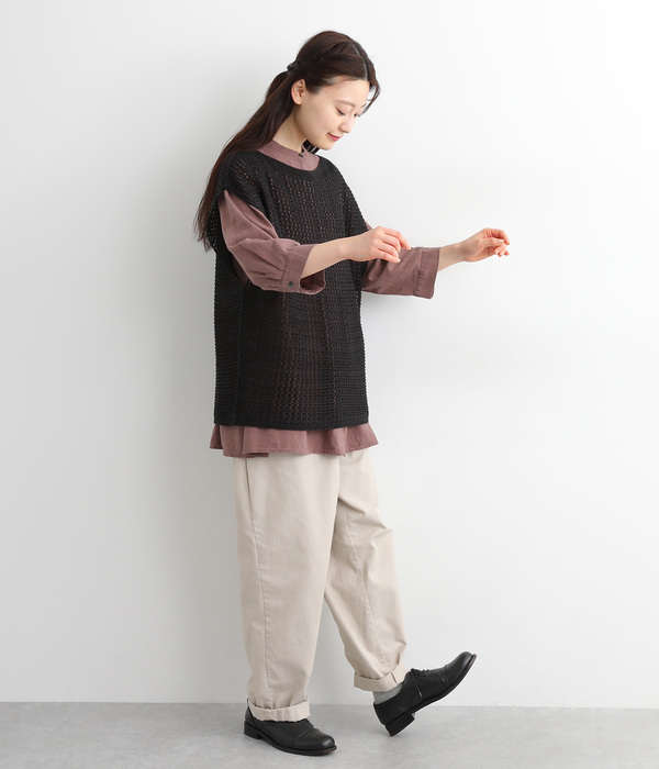 さらっと和紙ホールガーメント(R)ニット透かし柄ベスト(B・ブラック)