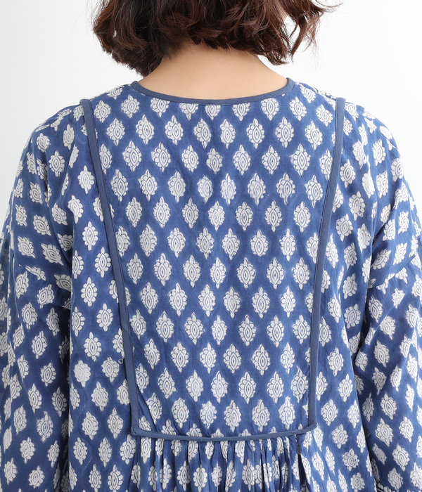 ラクノウ刺繍+プリントワンピース(A・ブルー)