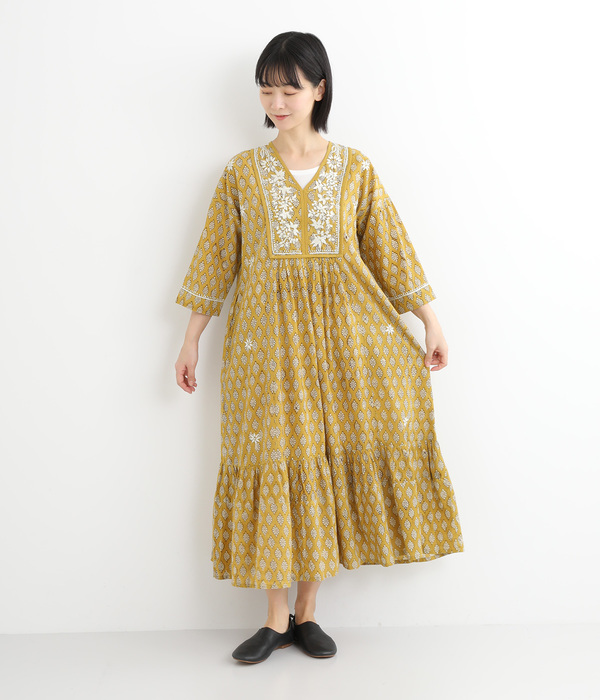 ラクノウ刺繍+プリントワンピース(A・ブルー)