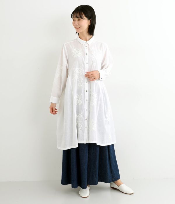 コットンラクノウ刺繍シャツカラーチュニック(A・ホワイト)
