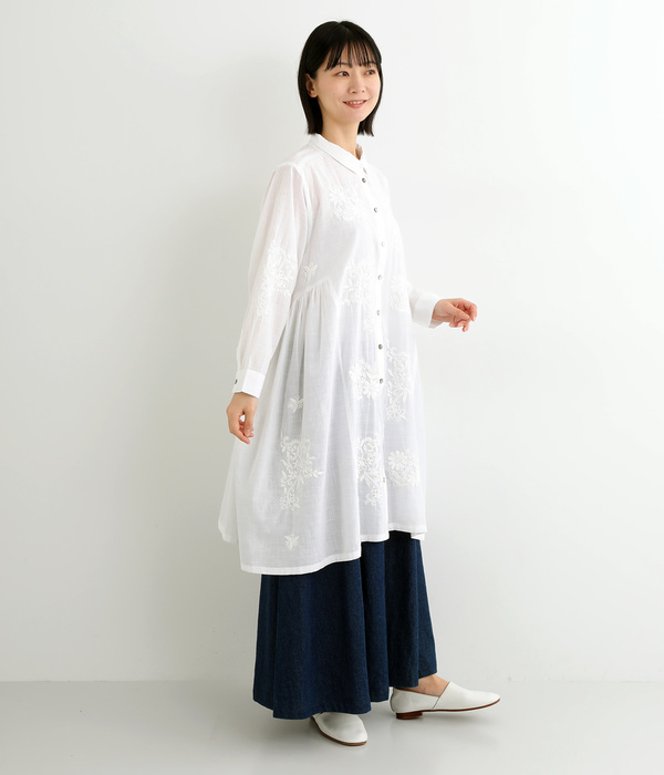 コットンラクノウ刺繍シャツカラーチュニック(A・ホワイト)