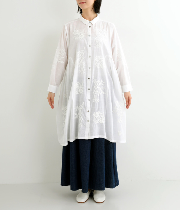 コットンラクノウ刺繍シャツカラーチュニック(A・ホワイト)