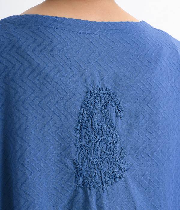 ギザギザジャカード　ラクノウ刺繍チュニックワンピース(ブルー)