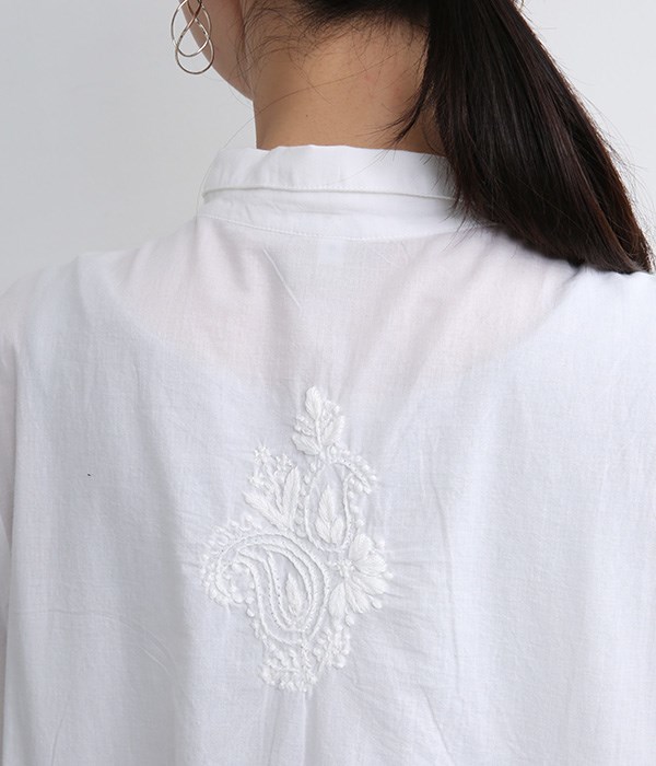 ラクノウ刺繍サイドギャザーロングシャツチュニック(B・ホワイト)