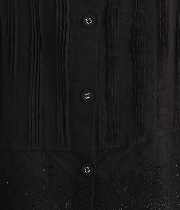 胸元多数ピンタック　裾刺繍レース脇紐結び２WAYベスト(B・ブラック)