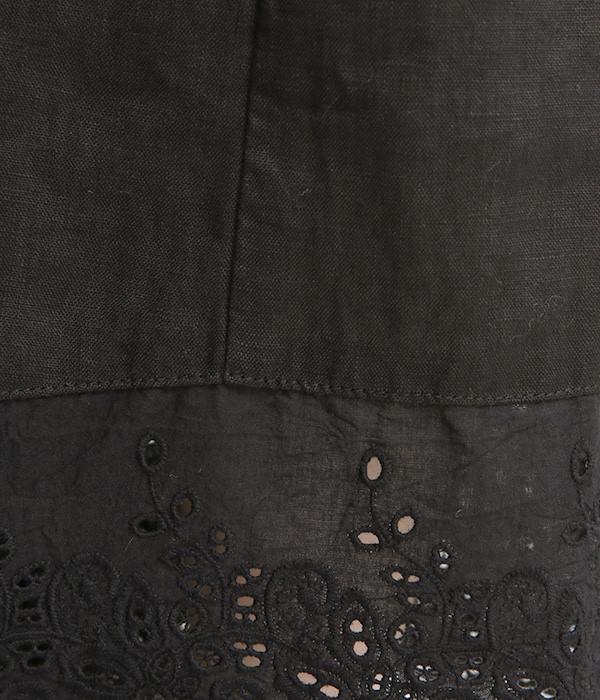 裾切替刺繍レース　裏付きワイドパンツ(B・ブラック)