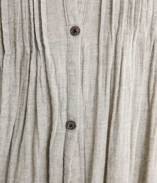 襟レースフリル胸元ピンタックパフ袖貝釦ワンピース(杢グレー)