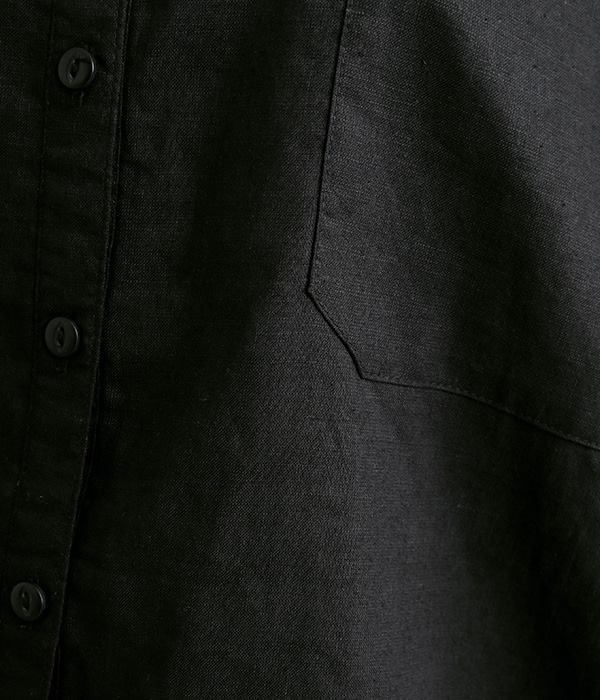 無地リネン　バンドカラー襟・裾リブプルオーバーブラウス(B・ブラック)