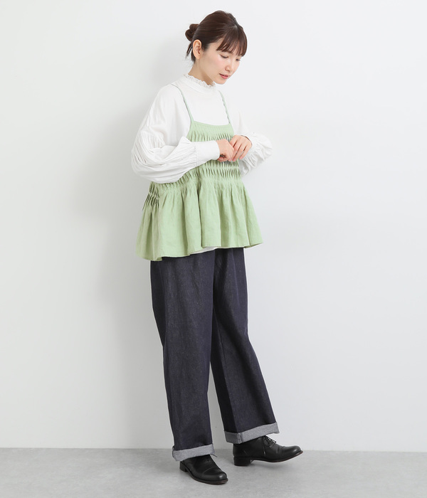 リネン変形ピンタックギャザーキャミブラウス(B・ミントグリーン