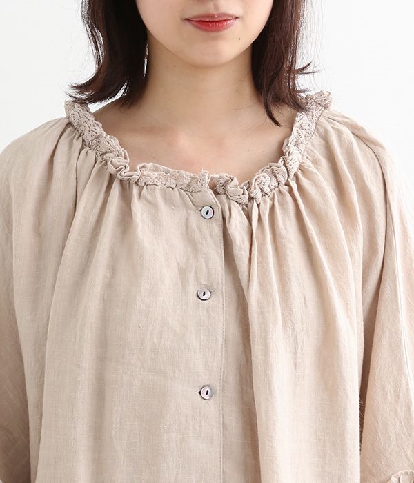 襟・カフスフリル使い裾部分ピンタック・レース付きワンピース(A・キナリ)