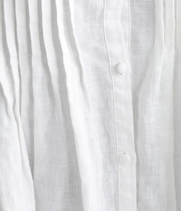 リネン　胸元多数ピンタック　襟・カフスレース付き　包みボタンブラウス(A・オフホワイト)
