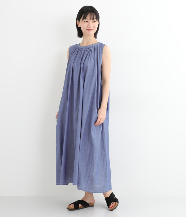 2.5ozインディゴデニム(ビエラ) ギャザーノースリーブワンピース(A・ダンガリーブルー)