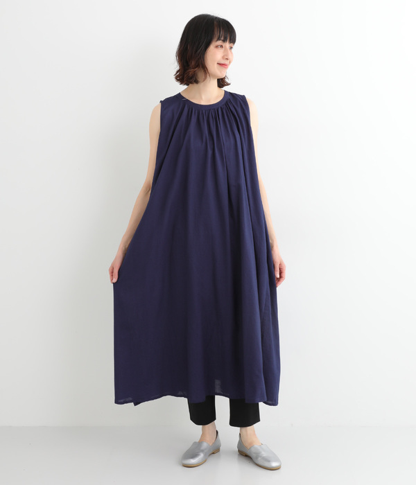 2.5ozインディゴデニム(ビエラ) ギャザーノースリーブワンピース(A・ダンガリーブルー)