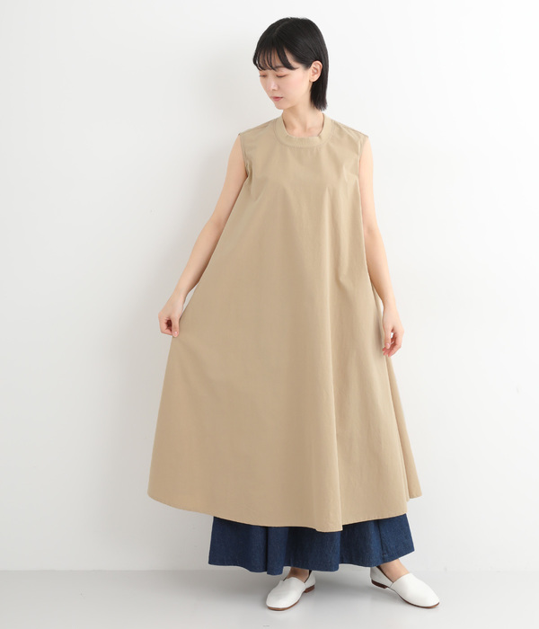 32高密コットンウォッシュド加工 リブカラーフレアーワンピース(A・ベージュ)