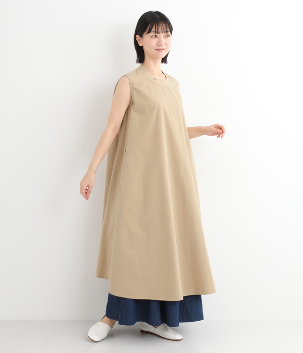 32高密コットンウォッシュド加工 リブカラーフレアーワンピース(A・ベージュ)