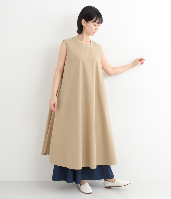 32高密コットンウォッシュド加工 リブカラーフレアーワンピース(A・ベージュ)