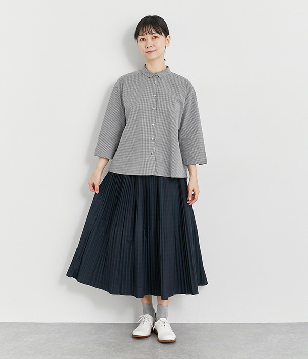 リバティアソートくるみ釦7分袖前後差フレアシャツ(B・ギンガム)