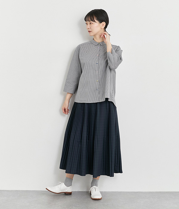 リバティアソートくるみ釦7分袖前後差フレアシャツ(B・ギンガム)