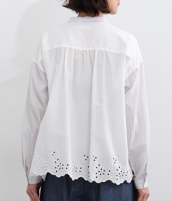 コットンローンストライプスカラップ刺繍シャツ(A・グレーストライプ×オフホワイト)