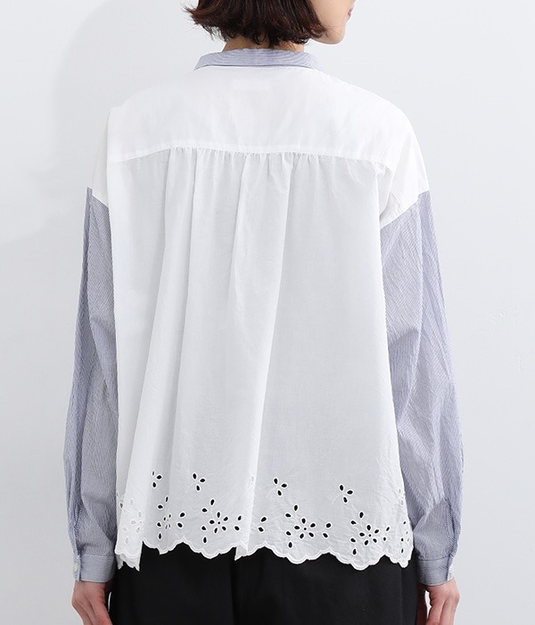 コットンローンストライプスカラップ刺繍シャツ(B・ブルーストライプ×オフホワイト)