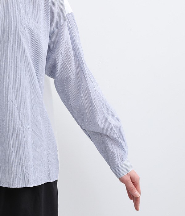 コットンローンストライプスカラップ刺繍シャツ(B・ブルーストライプ×オフホワイト)