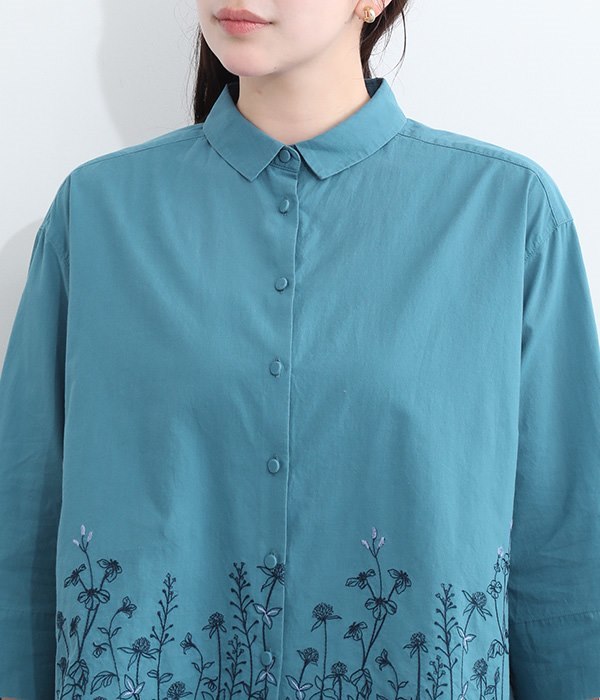 コットンパークガーデン刺繍七分袖シャツ(A・オフホワイト)