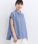 製品洗い リネン混フレンチスリーブシャツ(B・ブルー)