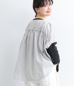 天竺×ストライプローン　バックギャザーTシャツ(B・ブラック×グレー)